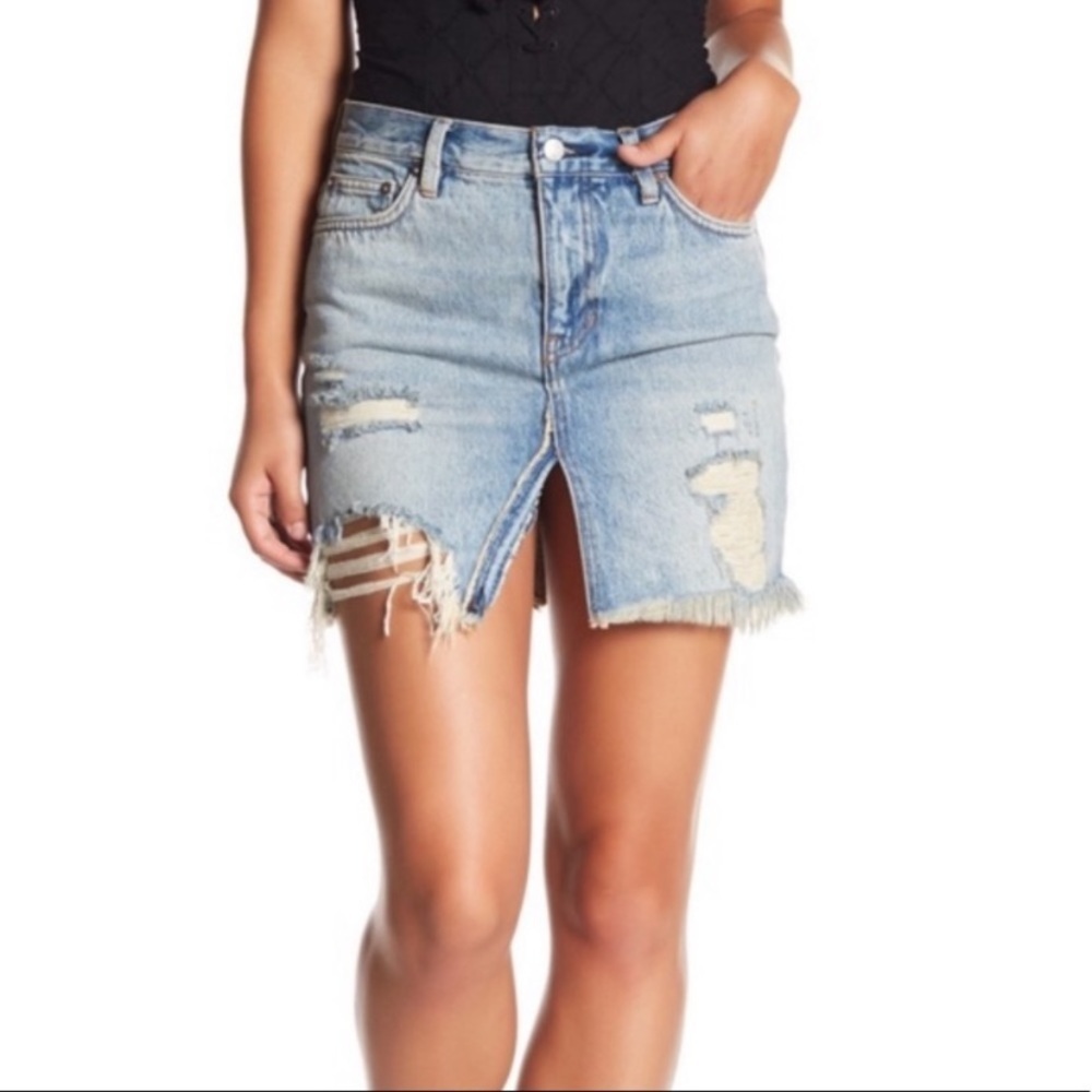 Free People Denim Raw Hem Distressed Mini Skirt